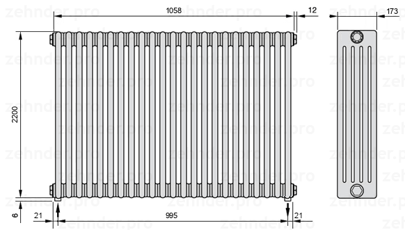 Схема (чертеж) Радиатор Zehnder Charleston 5220/23 №5310 Белый глянцевый RAL 9016